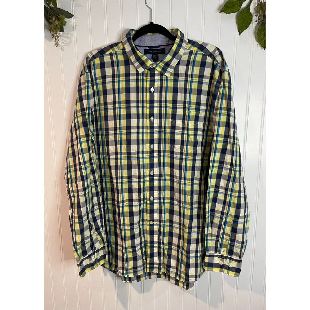 Tommy Hilfiger Mens XL Plaid Button-Down Shirt Yellow/Blue100%Cotton Long Sleeve
